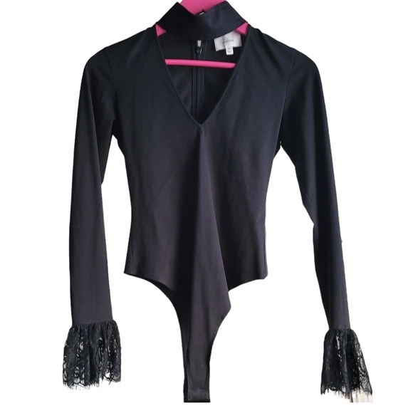 CINQ a Sept Bodysuit Black Choker Lace Cuff Long Sleeves - Picture 2 of 12